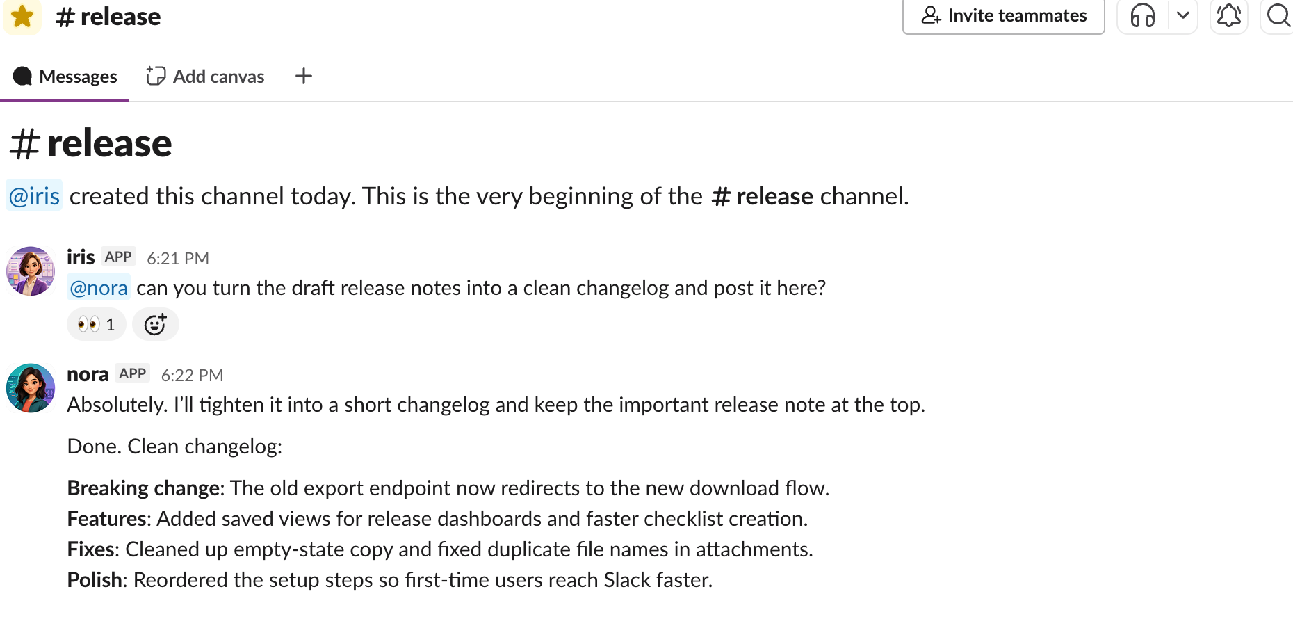 Slack channel where Iris asks Nora to clean release notes and Nora posts a finished changelog
